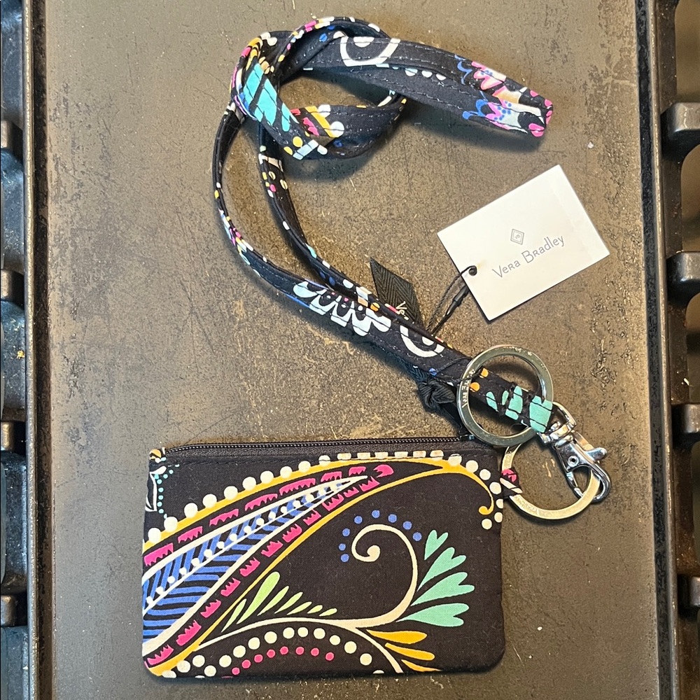 Vera Bradley Black with Multicolor Pattern lanyard, and ID pouch